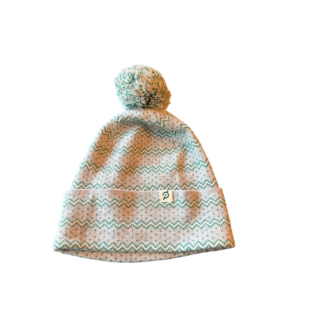 Peloton Beanie Grey Teal Chevron Pom-Pom Knit Winter Hat Logo Cuff